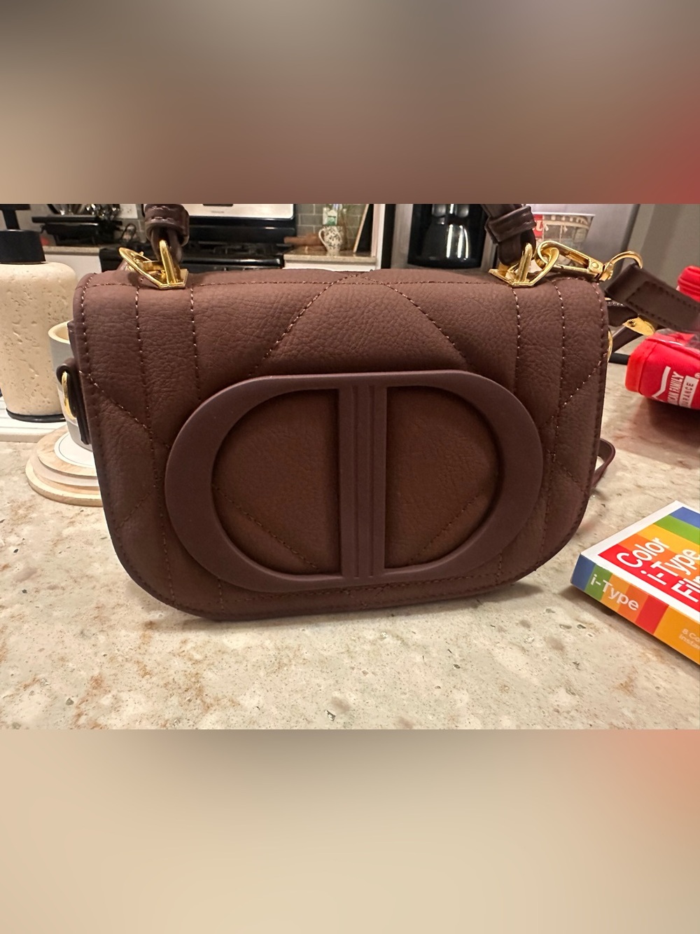 Source Unknown Brown Quilted Shoulder Bag with Raised Oval Logo